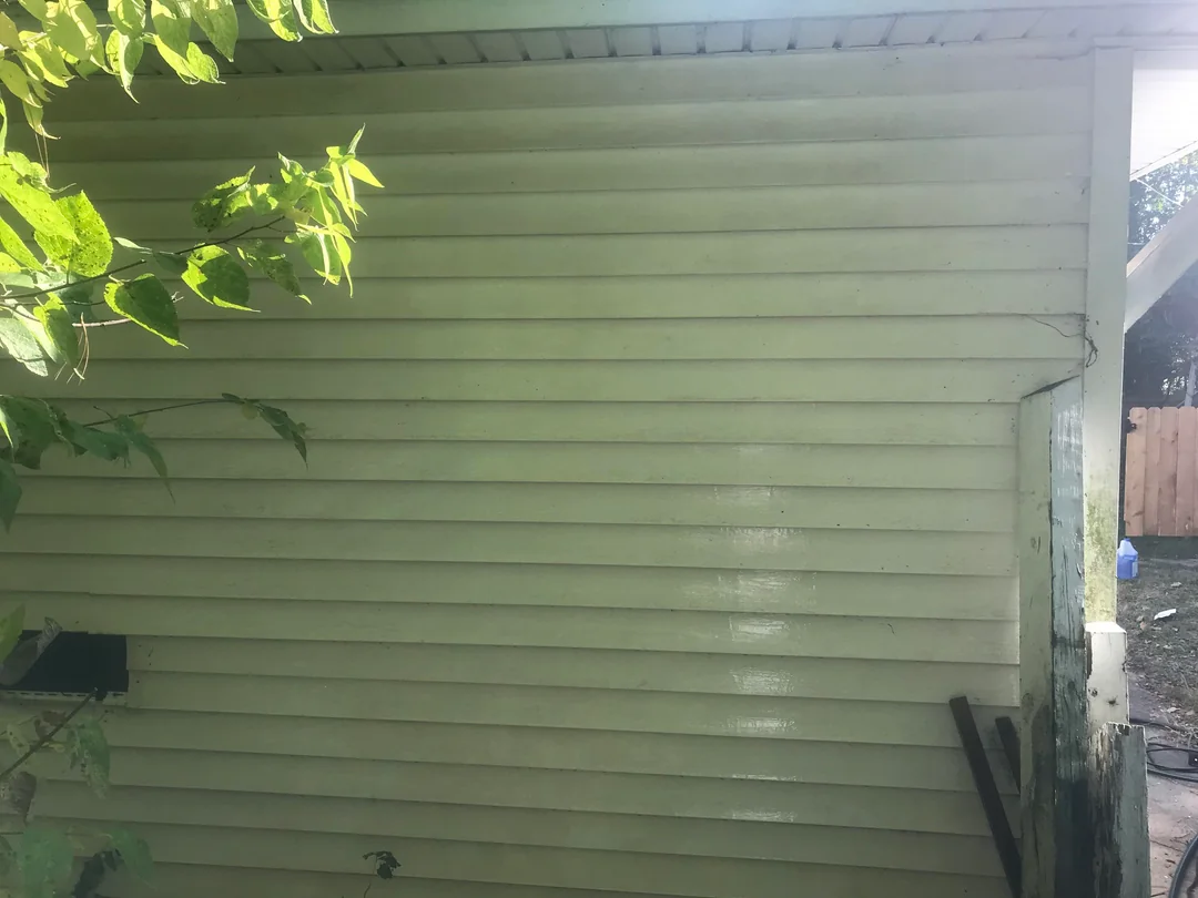 Bright clean vinyl siding after soft washing